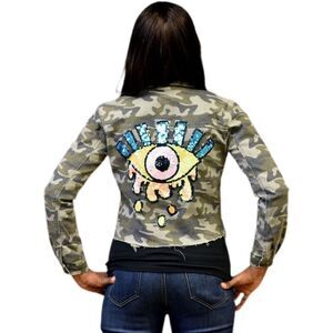 Cropped Camo Jacket W/ Sequin Evil Eye Patch